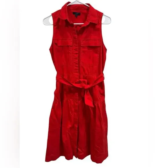 J. Crew Red Cotton Button Down Collar Pockets Sleeveless Belted Tiered Dress- 6 - Picture 3 of 11